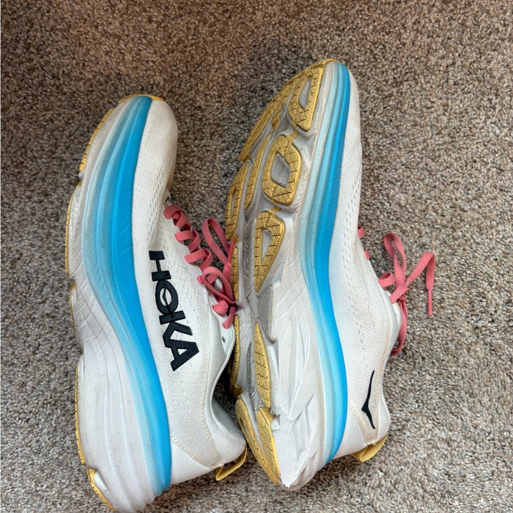Hoka White Bondi 8 Sneaker with Blue Gradient Midsole and Pink Laces - Picture 3 of 4
